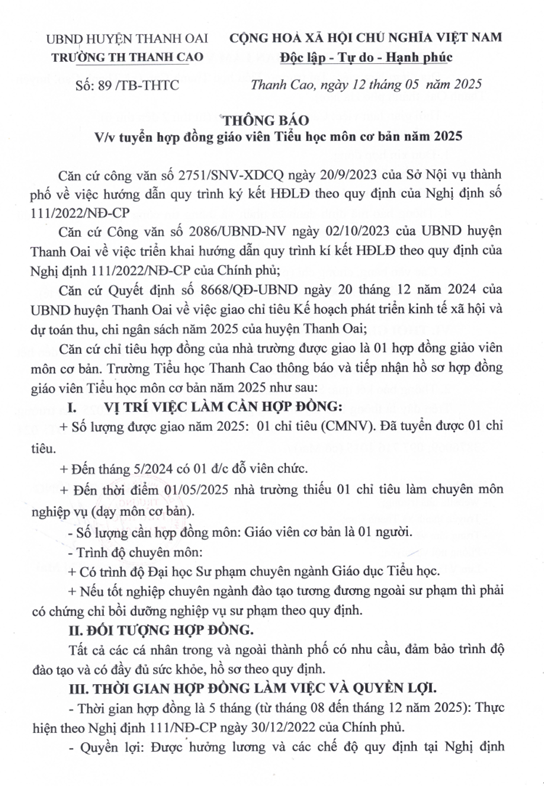 Thông báo V/v tuyển hợp đồng giáo viên môn cơ bản năm 2025